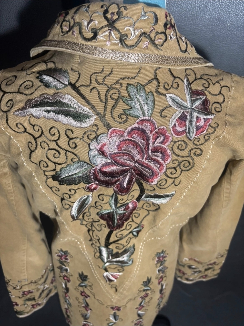 Goldenrod Camel Embroidered Floral Western Longline Jacket Rose Boho